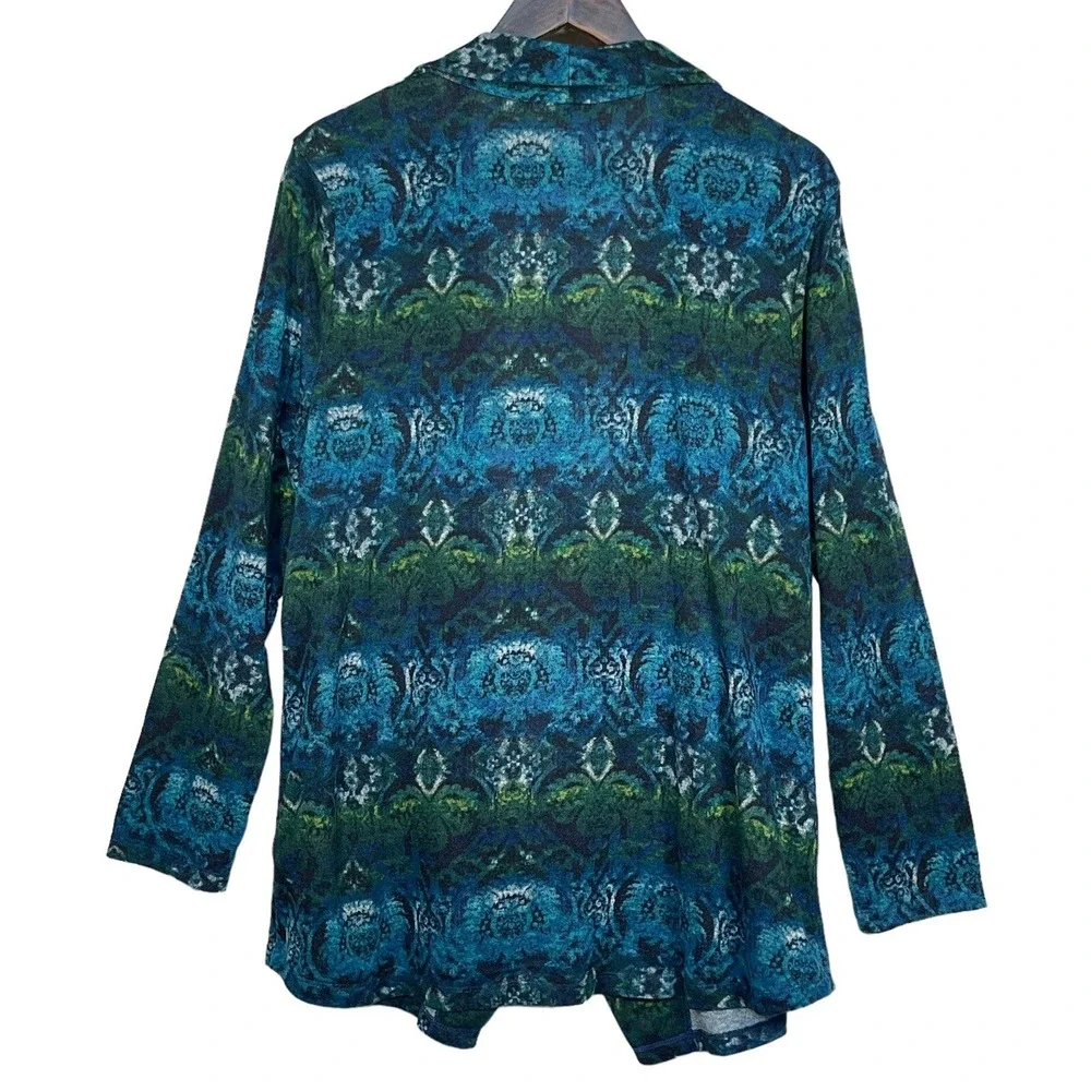 Susan Graver Cardigan Women M Blue Green Abstract Draped Shawl Collar Excellent